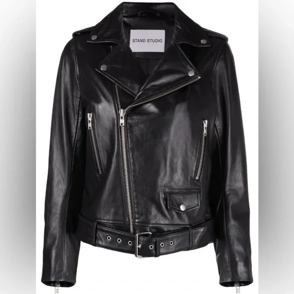 Stand Studio Polly Biker Black Leather Moto Jacket Womens 34 US XS 0 2 - Picture 5 of 12